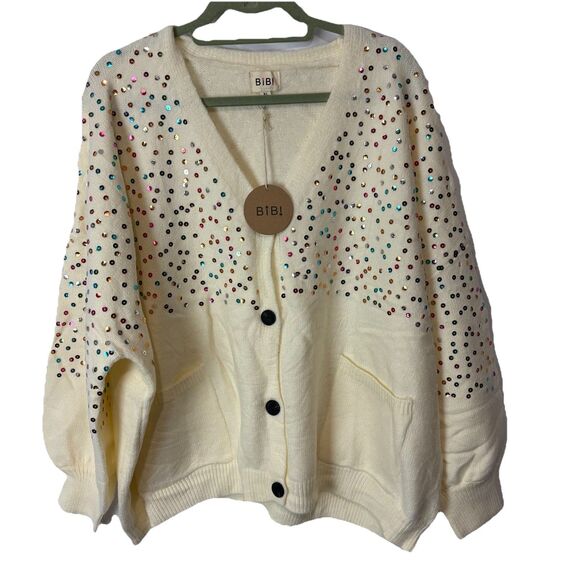 NWT BiBi Women’s Patch Pocket Sequins Sweater Cardigan XL Holiday New Years - Picture 2 of 9